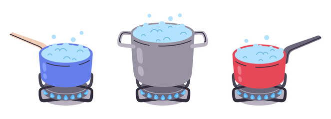 Pots of boiling water. Kitchen food preparing on gas burners, boiling water on stove flat vector illustration set. Dinner or breakfast cooking on gas stove
