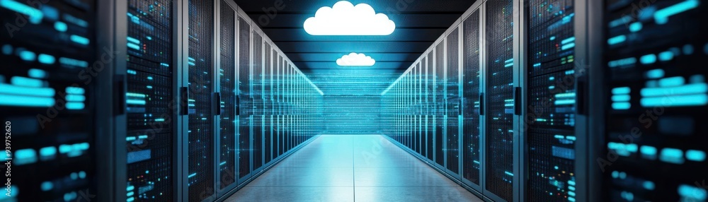 Poster a vibrant data center with illuminated servers and a cloud symbol, representing modern cloud computi