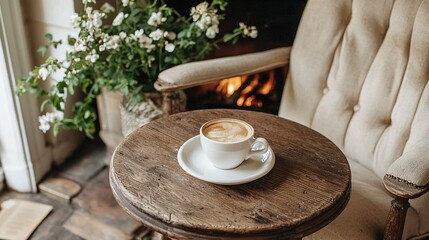   A cup of coffee on a saucer placed in front of a fireplace with a nearby potted plant