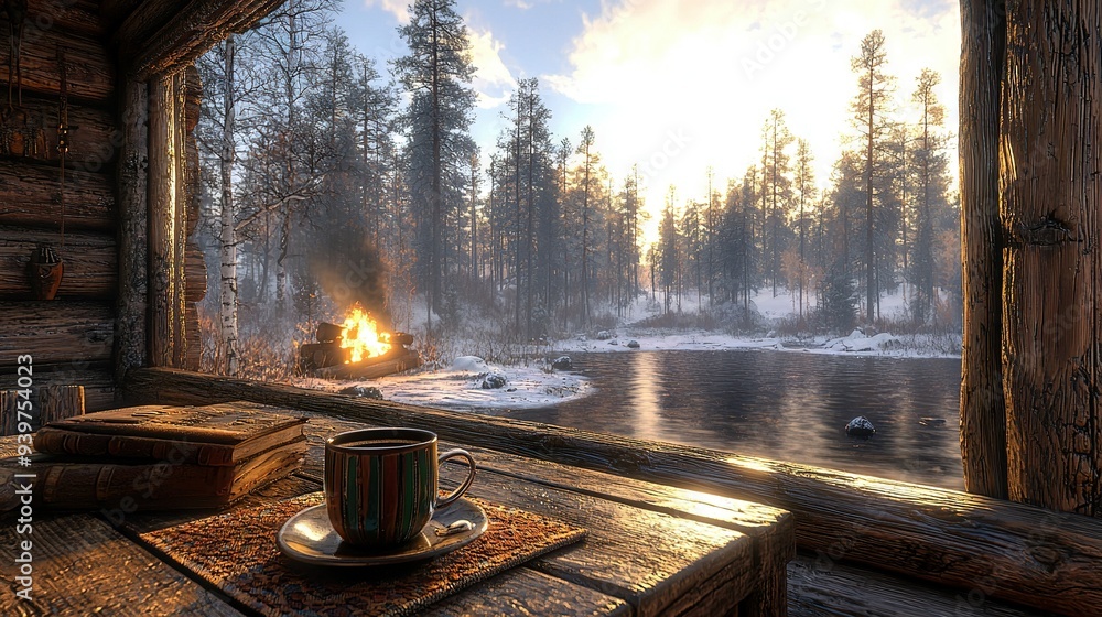 Poster a cup of coffee on a table in front of a window with a view of a lake and log cabin