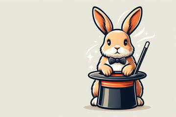 Cute rabbit near a hat with a magic wand. Space for text.