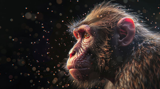 monkey pox, Side profile of a chimpanzee in a lab with dramatic lighting and particle effects