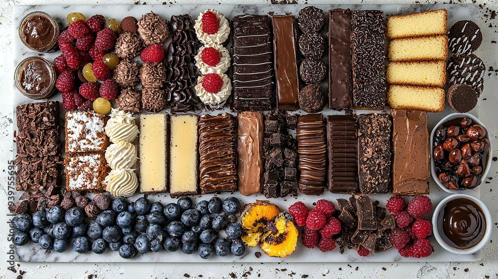 Poster a platter brimming with an array of cakes and sweets adjacent to bowls overflowing with fruits and n