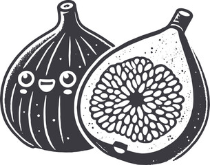 Grunge-Style Fig Smiling Fruit Character with Texture, Rough Hand-Drawn with Grainy Print Effect.