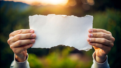 Hands holding blank and torn paper in various settings. Display of ripped paper sheets in outdoor and indoor environments