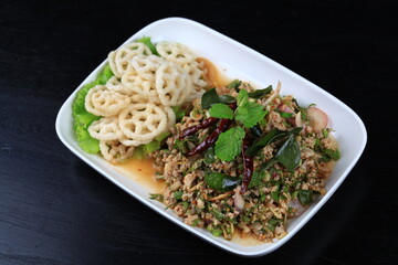 Spicy minced pork salad or Pork Larb (larb moo) popular foods in thailand 