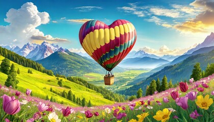 Fototapeta premium Valentine Day. Multicolored Romantic heart balloon gently soaring above vibrant flower-covered hills, surrounded by majestic mountain peaks under a blue sky with clouds.