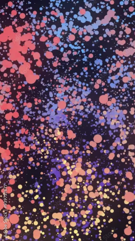 Poster many round colorful particles in space moving in a circle on black background, seamless loop. animat