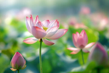 Fototapeta premium Lotus flower in a pond. Beautiful closeup of a lotus blooming in the garden. Concept of relaxation, yoga, meditation, silence and calmness, zen