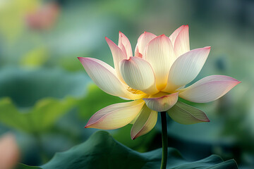 Obraz premium Lotus flower in a pond. Beautiful closeup of a lotus blooming in the garden. Concept of relaxation, yoga, meditation, silence and calmness, zen