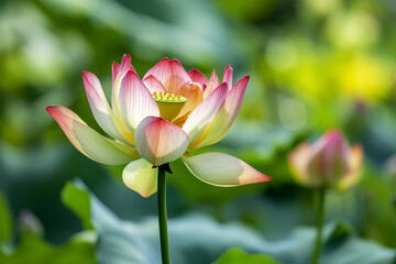Obraz premium Lotus flower in a pond. Beautiful closeup of a lotus blooming in the garden. Concept of relaxation, yoga, meditation, silence and calmness, zen
