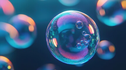   A group of bubbles floating over a blue-pink backdrop with a blue sky in the distance