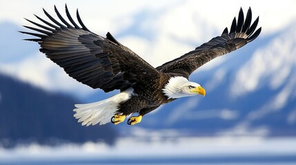  A bald eagle soars through the air against a mountainous sky