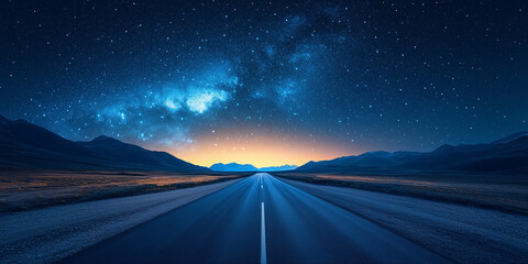 Open road stretching into the distance under a starry night sky with the Milky Way and a hint of dawn on the horizon