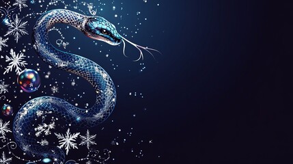 Obraz premium Blue snake with snowflakes and ornaments on a dark festive background, symbolizing Chinese New Year.