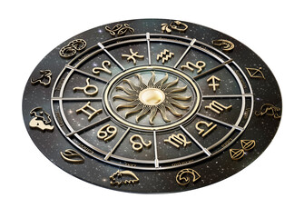 The horoscope wheel with Zodiac signs and constellations of the zodiac on transparent background. 3D illustration