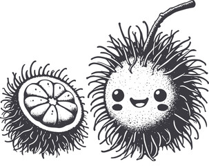 Grunge-Style Rambutan Smiling Fruit Character with Texture, Rough Hand-Drawn with Grainy Print Effect.
