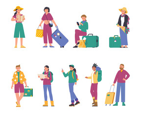 Tourist characters. People travel with luggage, backpacks and suitcases. Woman looking map, waiting transport. Cartoon travellers splendid vector set