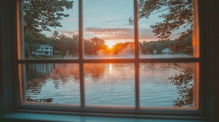   A lake viewed through a window as the sun sets in the background, with a house on the opposite side