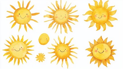 Sun. White background. Watercolor illustrations set