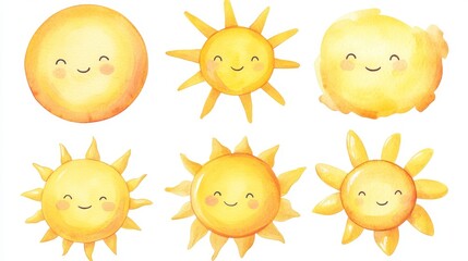 Sun. White background. Watercolor illustrations set