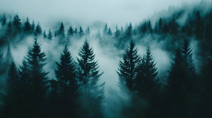 Aerial View Misty Forest Foggy Day.