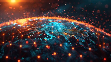 Fototapeta premium A minimalistic 3D render of a digital globe with connected nodes with bright, cheerful colors and ambient lighting, featuring a sleek design and global communication elements.