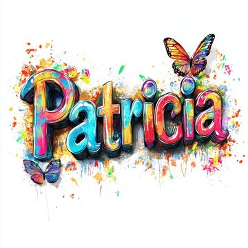 Vibrant Name Art of "Patricia" with Colorful Paint Splatter Effects and Decorative Butterflies on a White Background