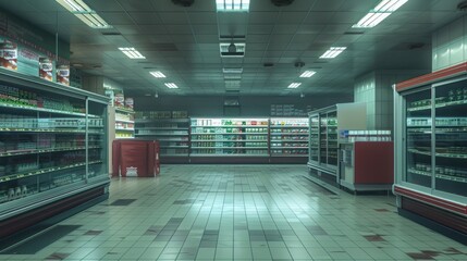 An empty supermarket interior with vacant store shelves in a modern grocery store, showcasing natural lighting and a minimalistic ambiance.