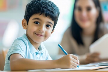 A young boy is writing in his notebook at the desk wearing light blue short-sleeved shirt and white pants.