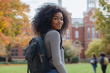 An African American female student with curly hair wearing jeans and a backpack is standing in front of the main building on campus. The autumn colors surround the scene with students walking around.