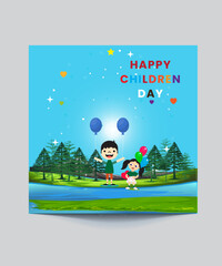World Children's Day Vector with Kids and Rainbow in Children Celebration Cartoon Bright Sky Blue Background Design