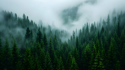 Aerial View Misty Forest Foggy Day.