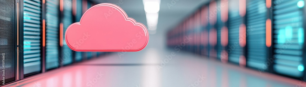 Poster a vibrant pink cloud graphic hovering in a modern data center filled with server racks, symbolizing 