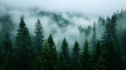 Aerial View Misty Forest Foggy Day.