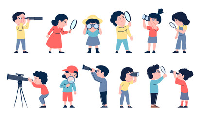 Children with binoculars. Kids explore world and nature with magnifying glass and telescope. Curiosity and searching, looking around recent vector characters