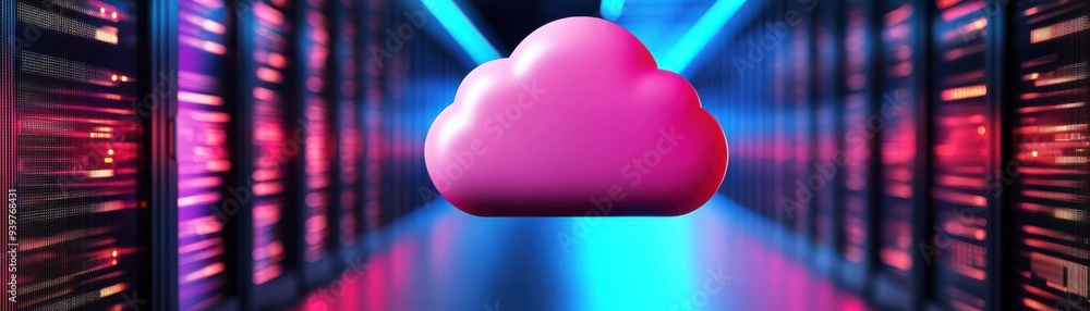 Poster a vibrant pink cloud representing cloud computing, surrounded by colorful server lights, symbolizing