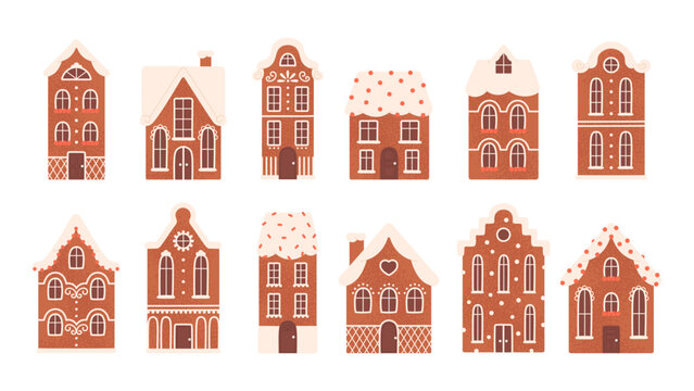 Gingerbread houses. Isolated christmas cookies with glaze. Baking elements, sweet winter holidays traditional dessert, racy vector collection
