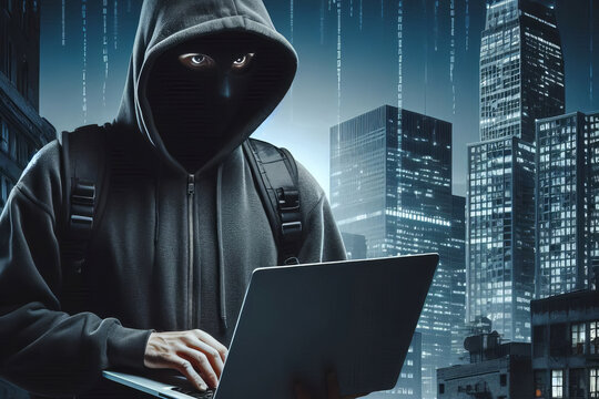 A hacker in a hood with a laptop hacks various programs.
