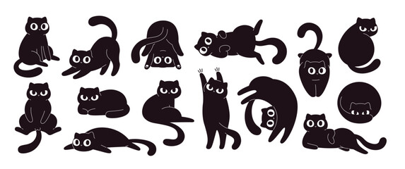 Cartoon black cats. Funny fat cat in different poses and situations. Isolated flat wall stickers design, crazy kitty characters. Adorable racy vector kittens