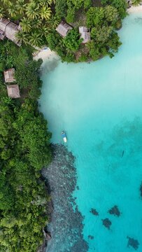 Bungalows on a cliff in between of green palm trees. In front a small beach and the ocean with blue clear water. Tropical paradise island resort. Sulawesi, Togean National Park, Malenge, Indonesia.