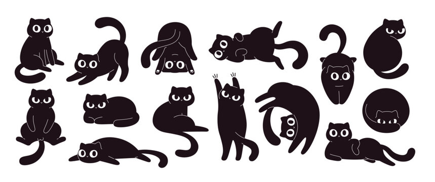 Cartoon black cats. Funny fat cat in different poses and situations. Isolated flat wall stickers design, crazy kitty characters. Adorable racy vector kittens