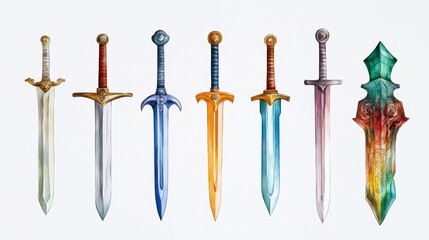 Swords set. White background. Watercolor illustrations