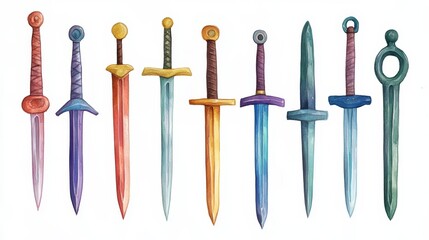Swords set. White background. Watercolor illustrations