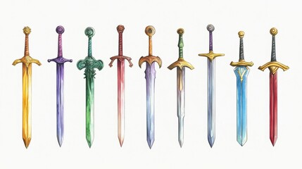 Swords set. White background. Watercolor illustrations
