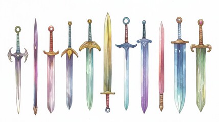 Swords set. White background. Watercolor illustrations