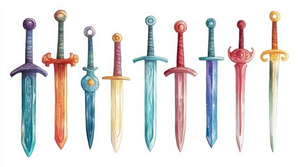 Swords set. White background. Watercolor illustrations