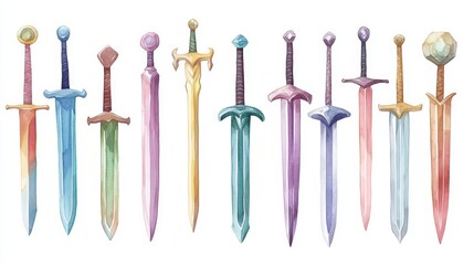 Swords set. White background. Watercolor illustrations