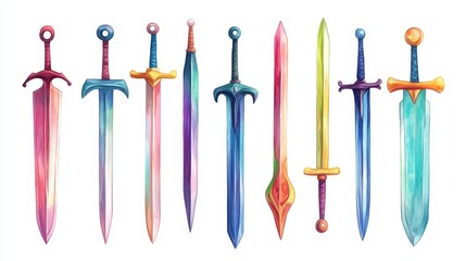 Swords set. White background. Watercolor illustrations