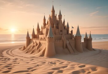 Fantasy magic fictionale giant  sand castle with multiple towers and turrets on a beach against a blue sky with clouds